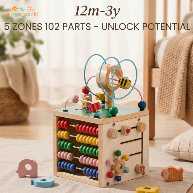 Wooden Activity Cube – 5-in-1 Montessori Learning Toy for Toddlers