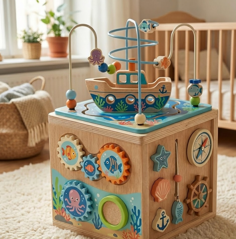 Wooden Activity Cube – 5-in-1 Montessori Learning Toy for Toddlers