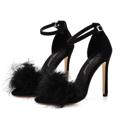 Flauschige Peep Toe Stilettos mit Fellfeder