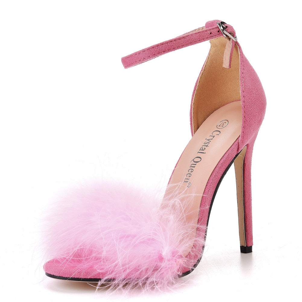 Flauschige Peep Toe Stilettos mit Fellfeder